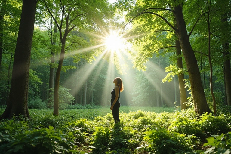 A person looking at a lush green forest, symbolizing nature and sustainability.