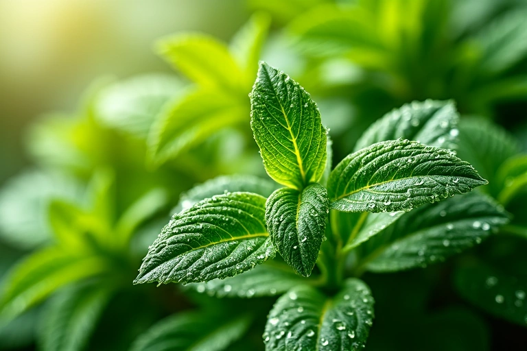 Close-up of fresh, vibrant green leaves and water droplets, symbolizing natural ingredients and purity.