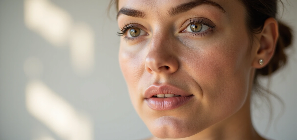 A serene image of a woman with radiant, clear skin, subtly enhanced by natural light, symbolizing timeless beauty and natural anti-aging skincare.