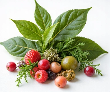 Botanical ingredients like green tea leaves, berries, and herbs artfully arranged, symbolizing natural and effective skincare components.