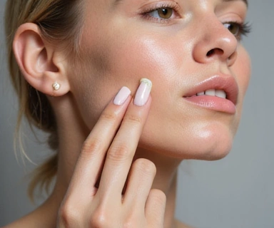 Close-up of a hand gently applying a natural anti-aging serum to the face, emphasizing hydration and rejuvenation.