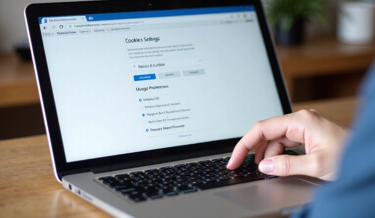 A user's hand interacting with browser settings on a laptop, showing options to manage cookie preferences. Focus on digital choice and control.