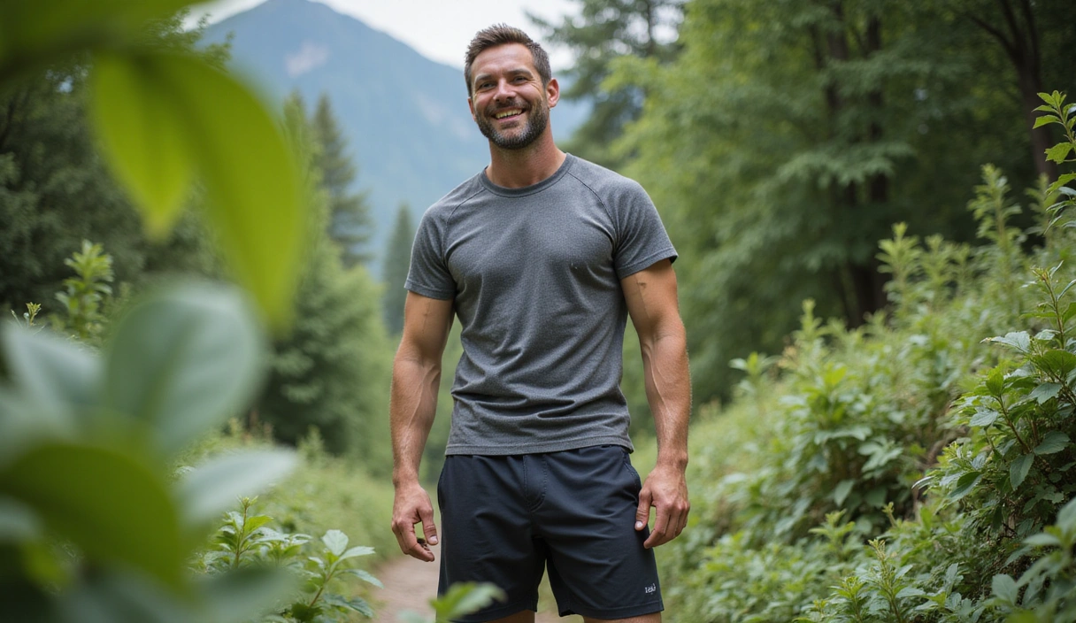 A strong, healthy man in a natural outdoor setting, looking vital and energetic, with subtle hints of botanical elements around him.