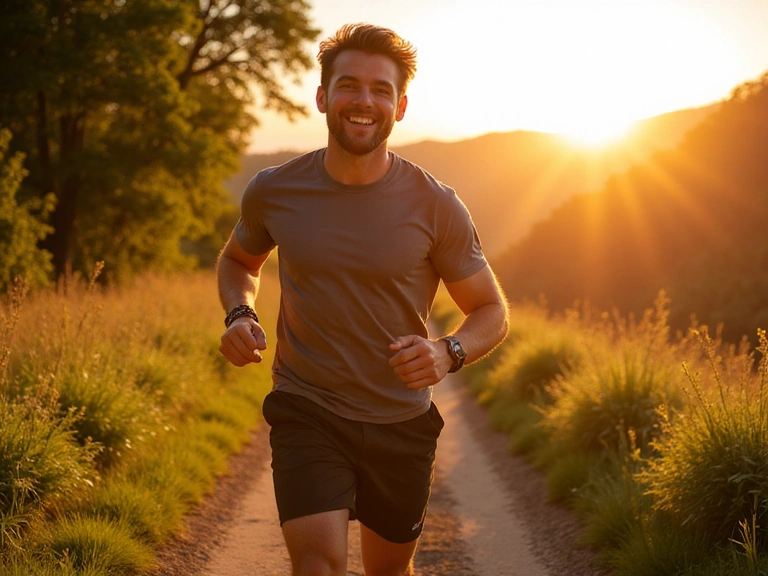 A man jogging outdoors during sunrise, looking invigorated and healthy, symbolizing enhanced stamina and energy from natural supplements.