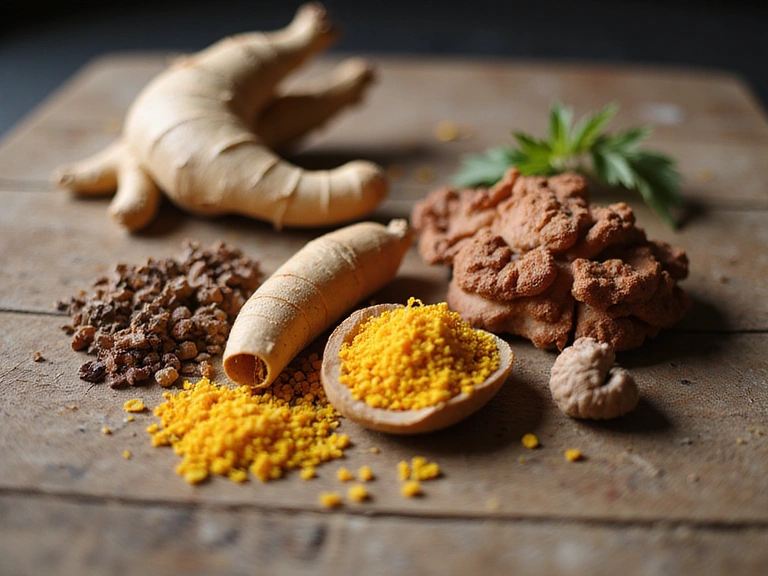 Close-up of various natural herbs and roots often used in men's health supplements, such as ginseng, ashwagandha, and maca root, arranged aesthetically.