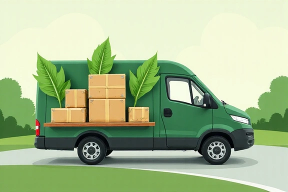 Illustration of a delivery truck with eco-friendly packaging, emphasizing sustainable shipping